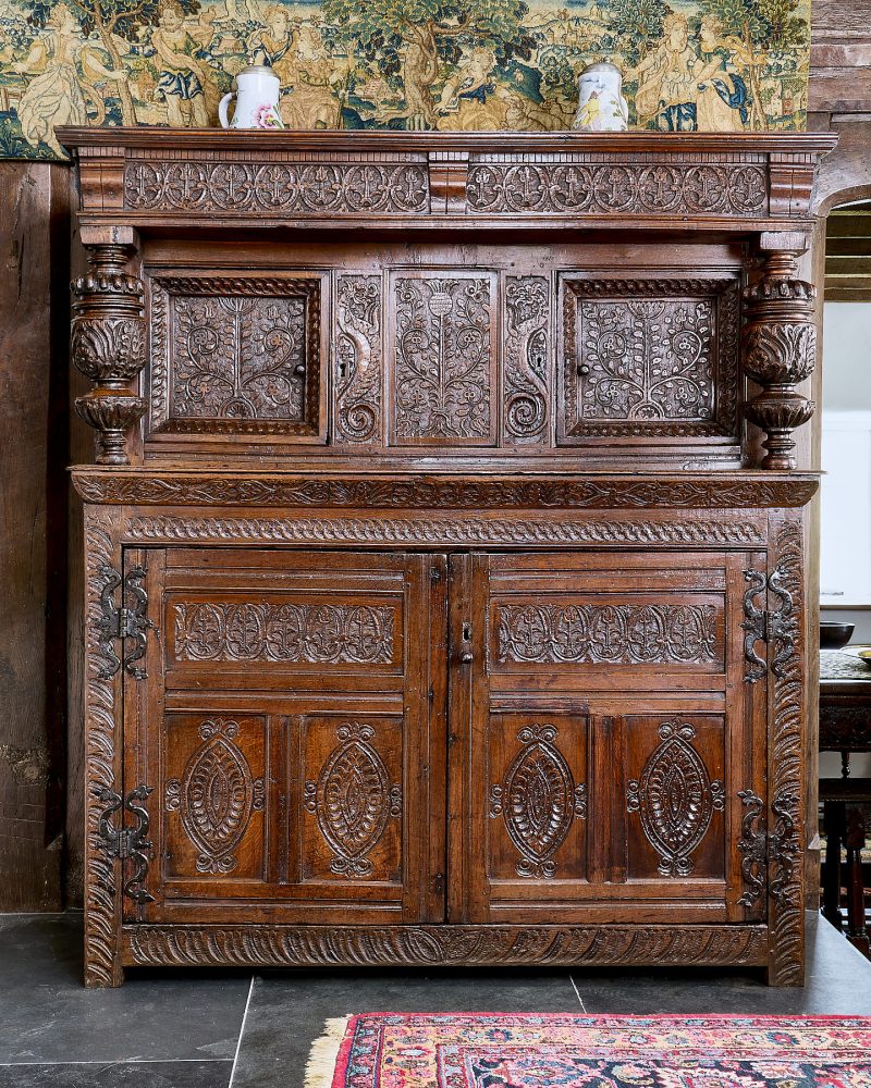 James I oak carved press cupboard