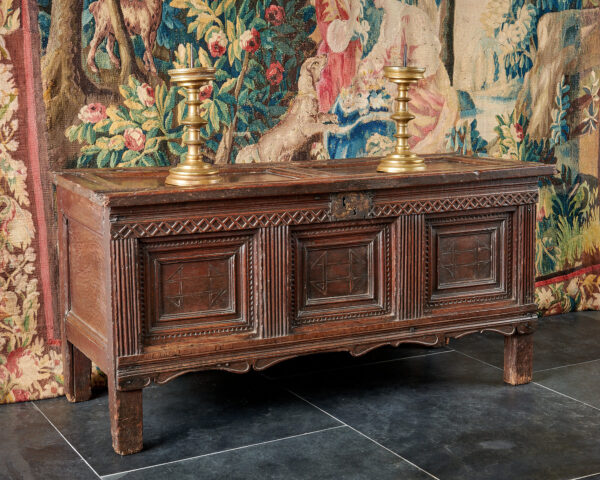 Elizabeth I oak carved and inlaid chest