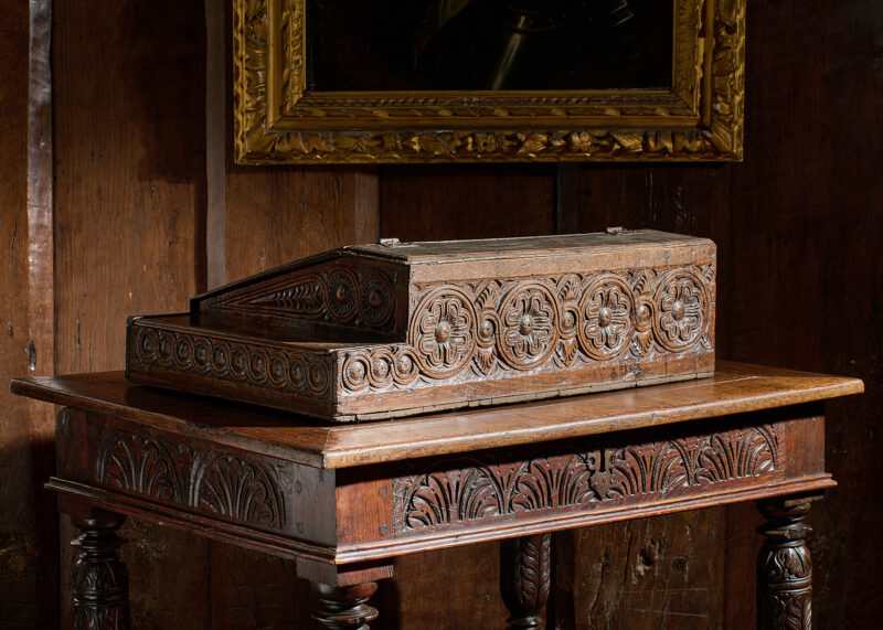 James I oak carved desk box