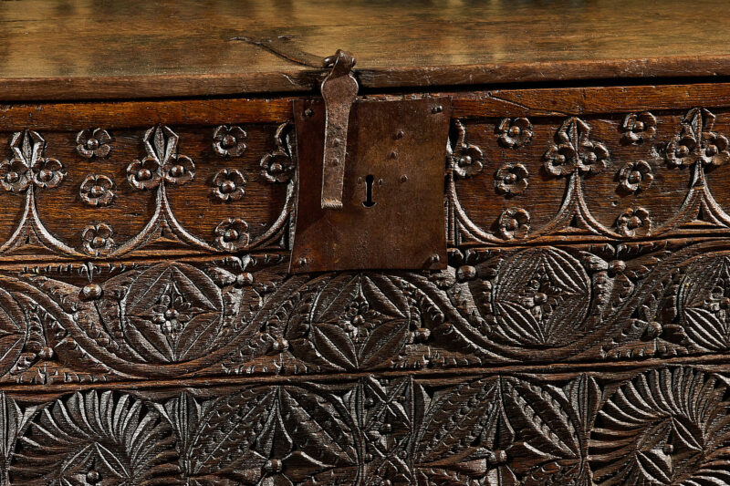 Henry VII oak carved boarded chest