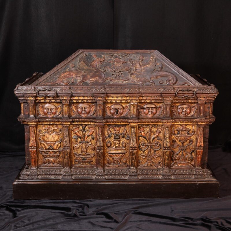 Rare painted and parcel gilt walnut chest 16th century