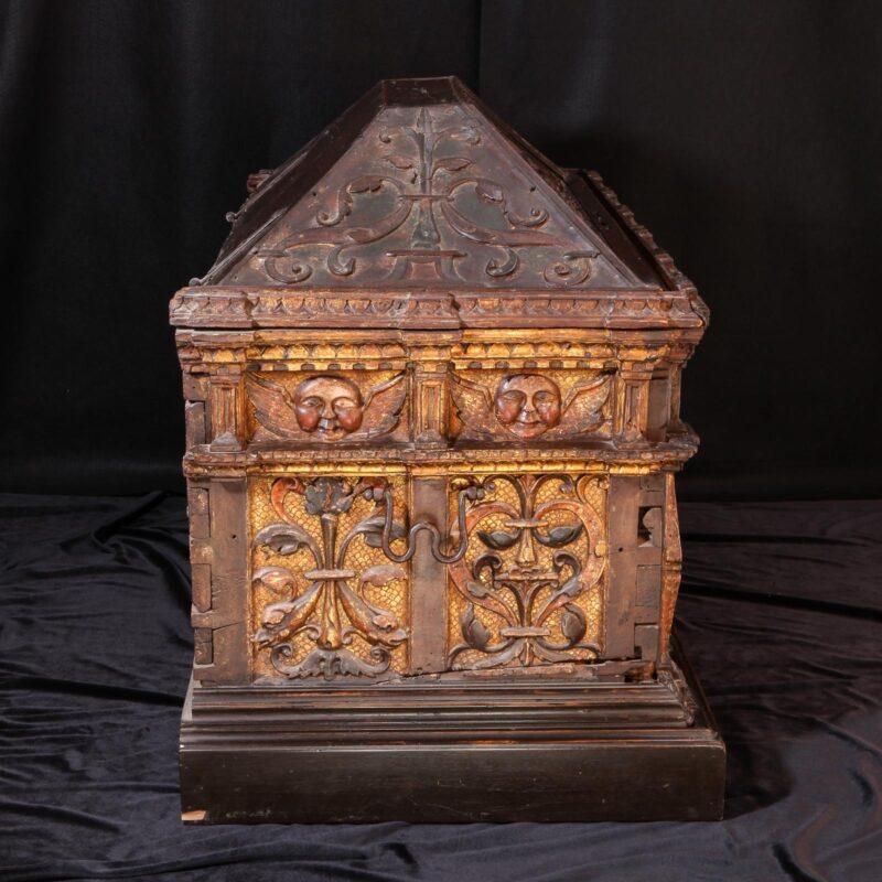Rare painted and parcel gilt walnut chest 16th century