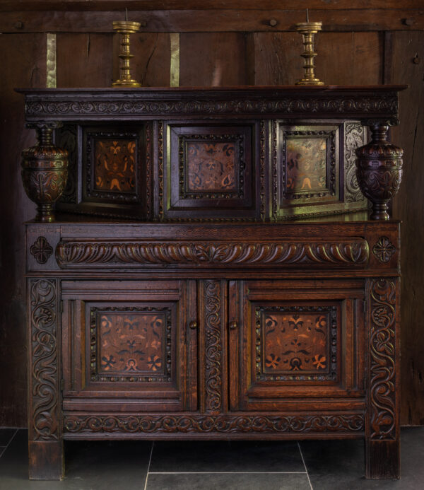 Charles I oak inlaid press cupboard