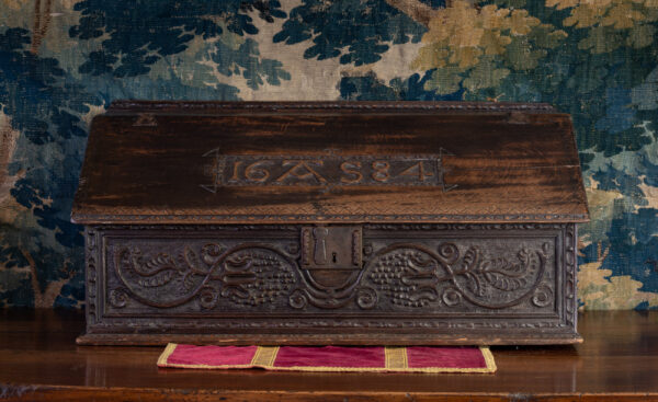 Charles II oak carved desk box