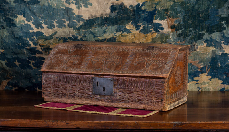 17th century pine chip carved desk box