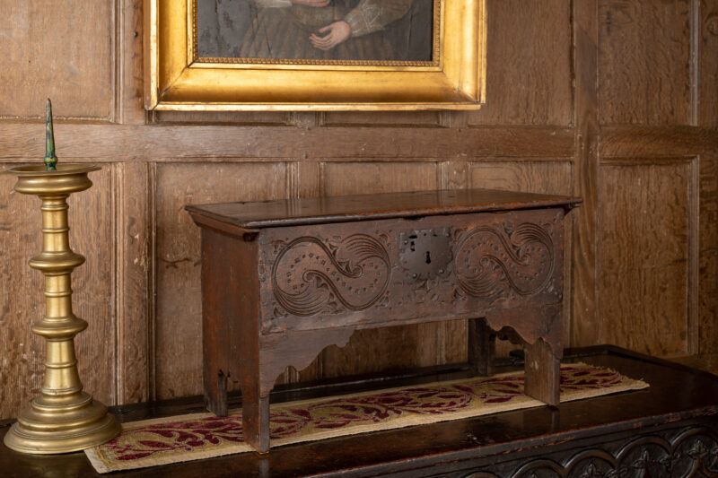 Charles II oak miniature carved chest