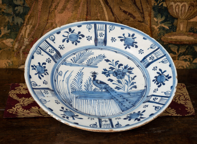 17th century Delftware plate peacock