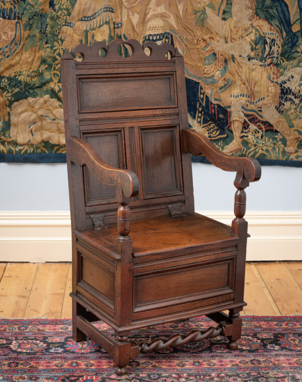 Charles II oak box seat armchair