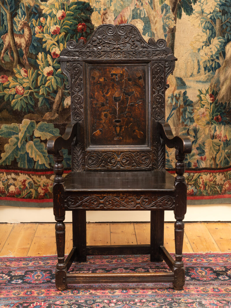 James I inlaid oak carved armchair