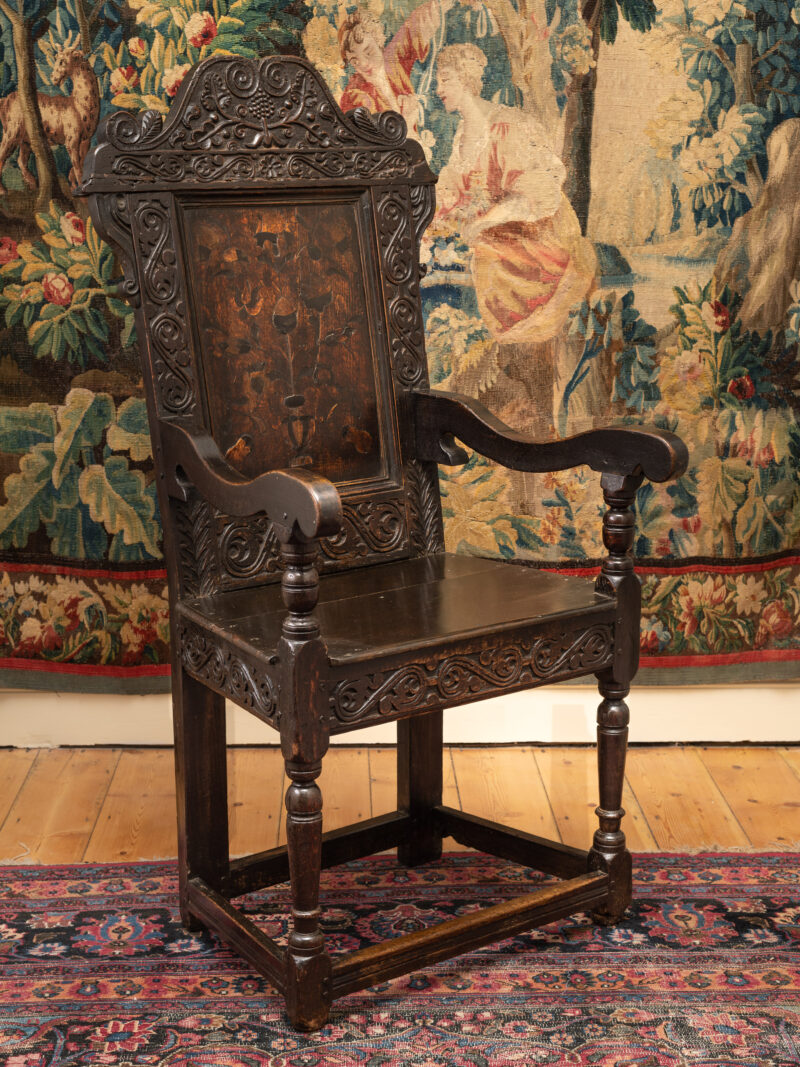 James I inlaid oak carved armchair