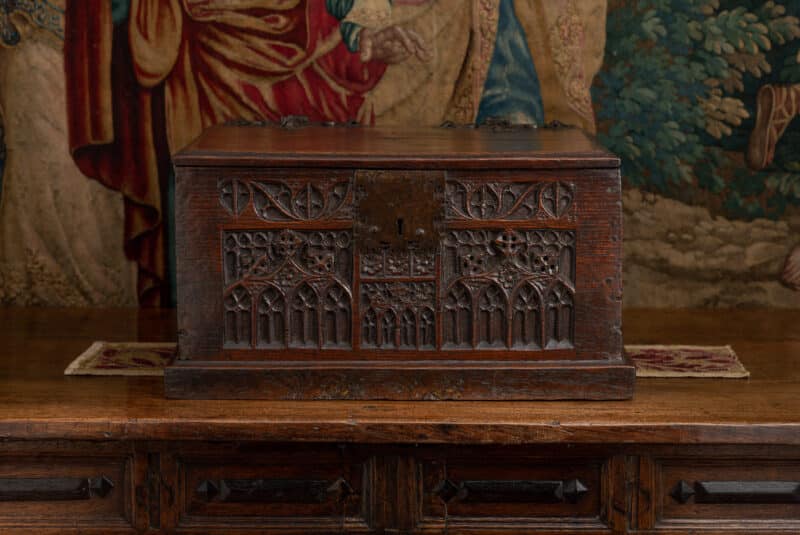 English Gothic carved oak box