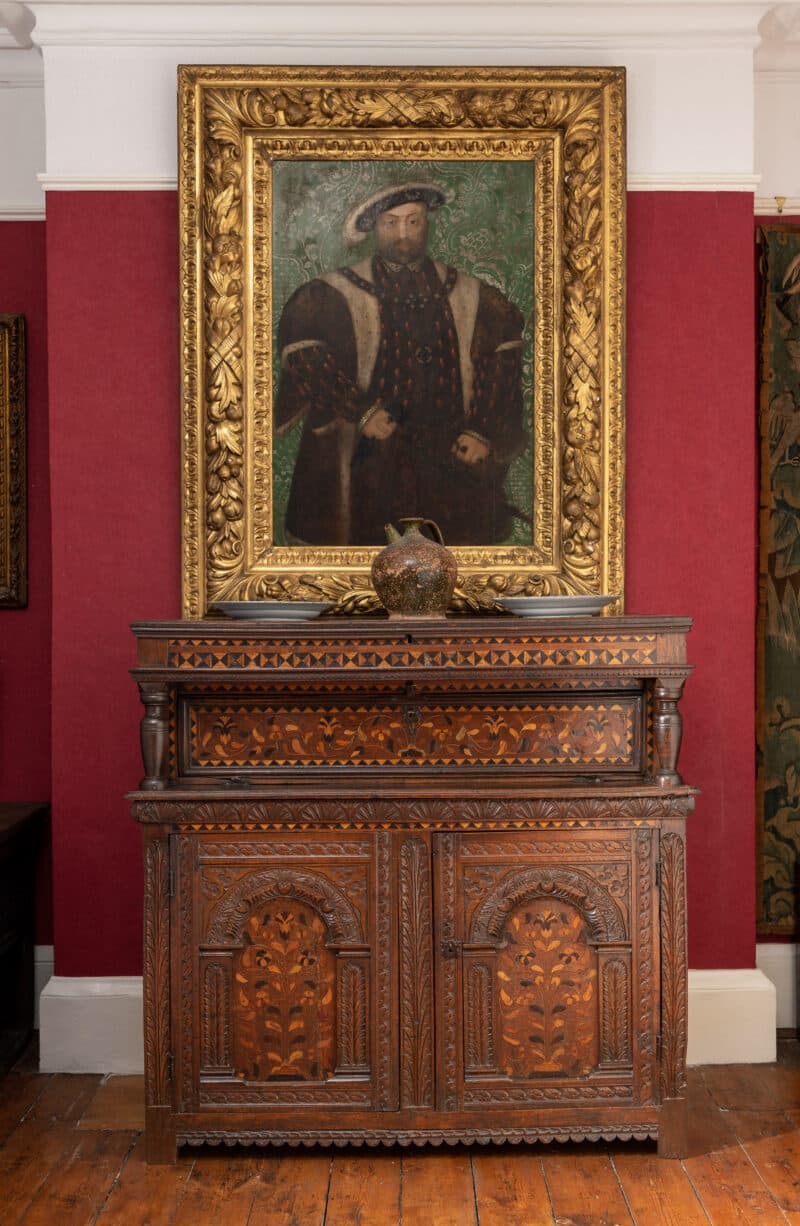James I inlaid oak press cupboard