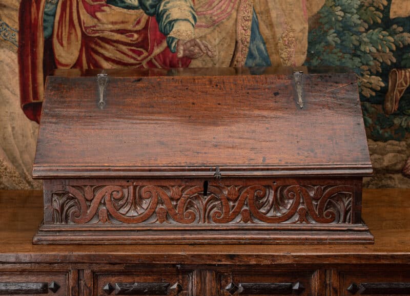 17th century Exeter carved oak desk box