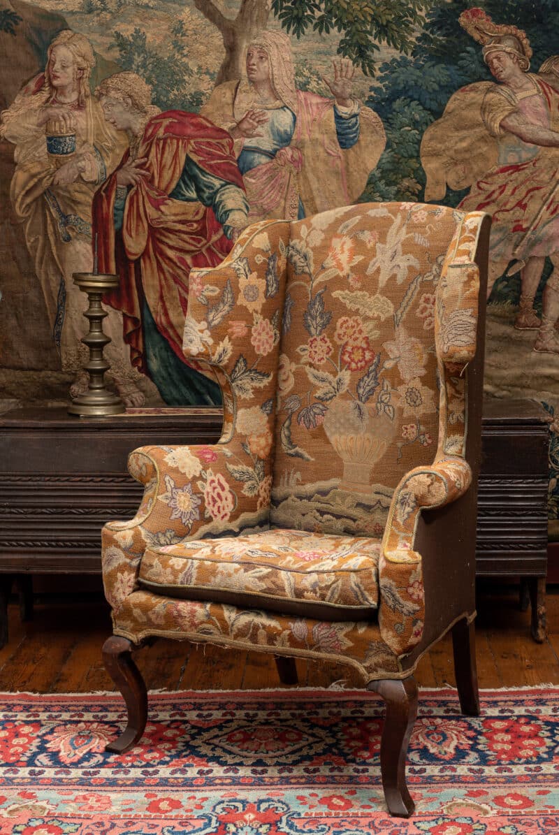 William and Mary walnut winged armchair