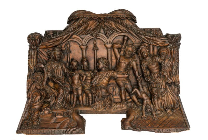 Renaissance carved judgment of Solomon panel