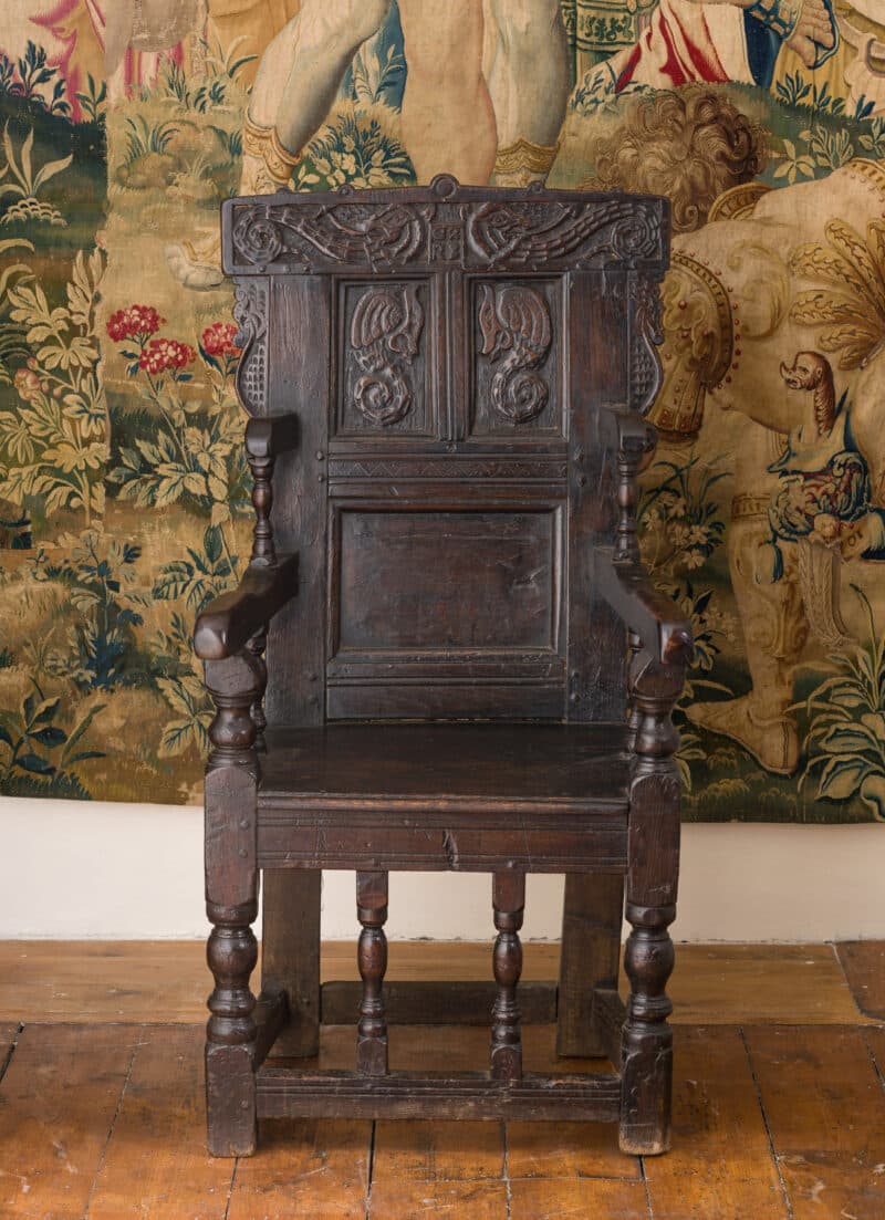 Rare Charles II oak carved armchair