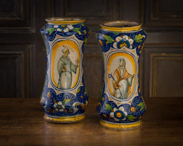 Renaissance 16th century pair of Albarello jars