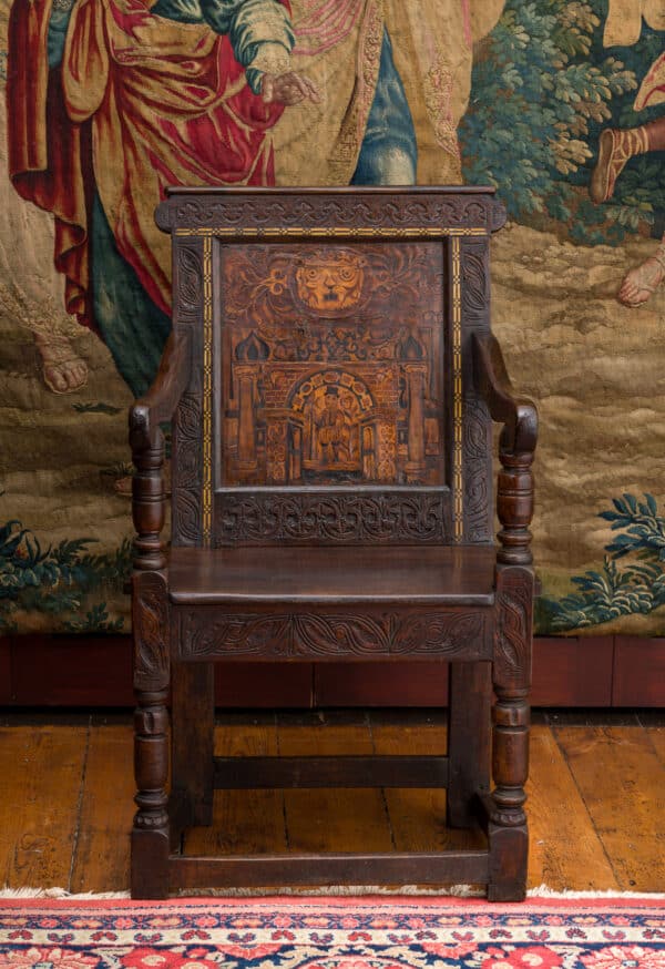 James I inlaid oak and walnut armchair