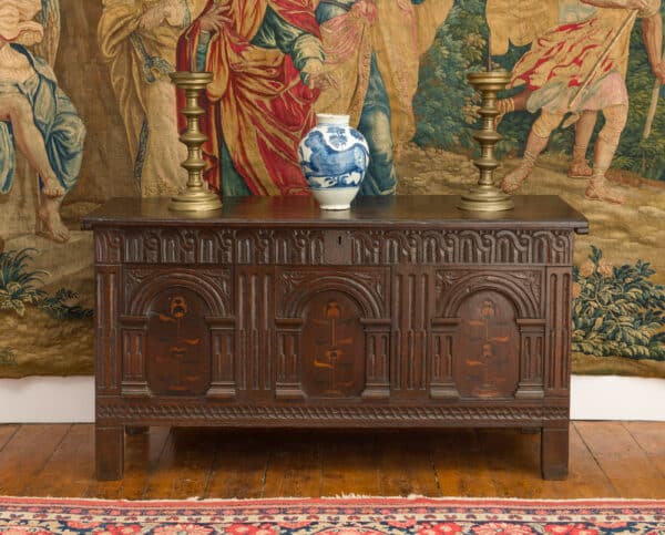 James I inlaid oak carved chest