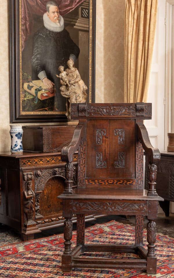 Elizabeth I oak carved and inlaid armchair