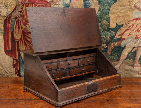 Charles II oak boarded desk box