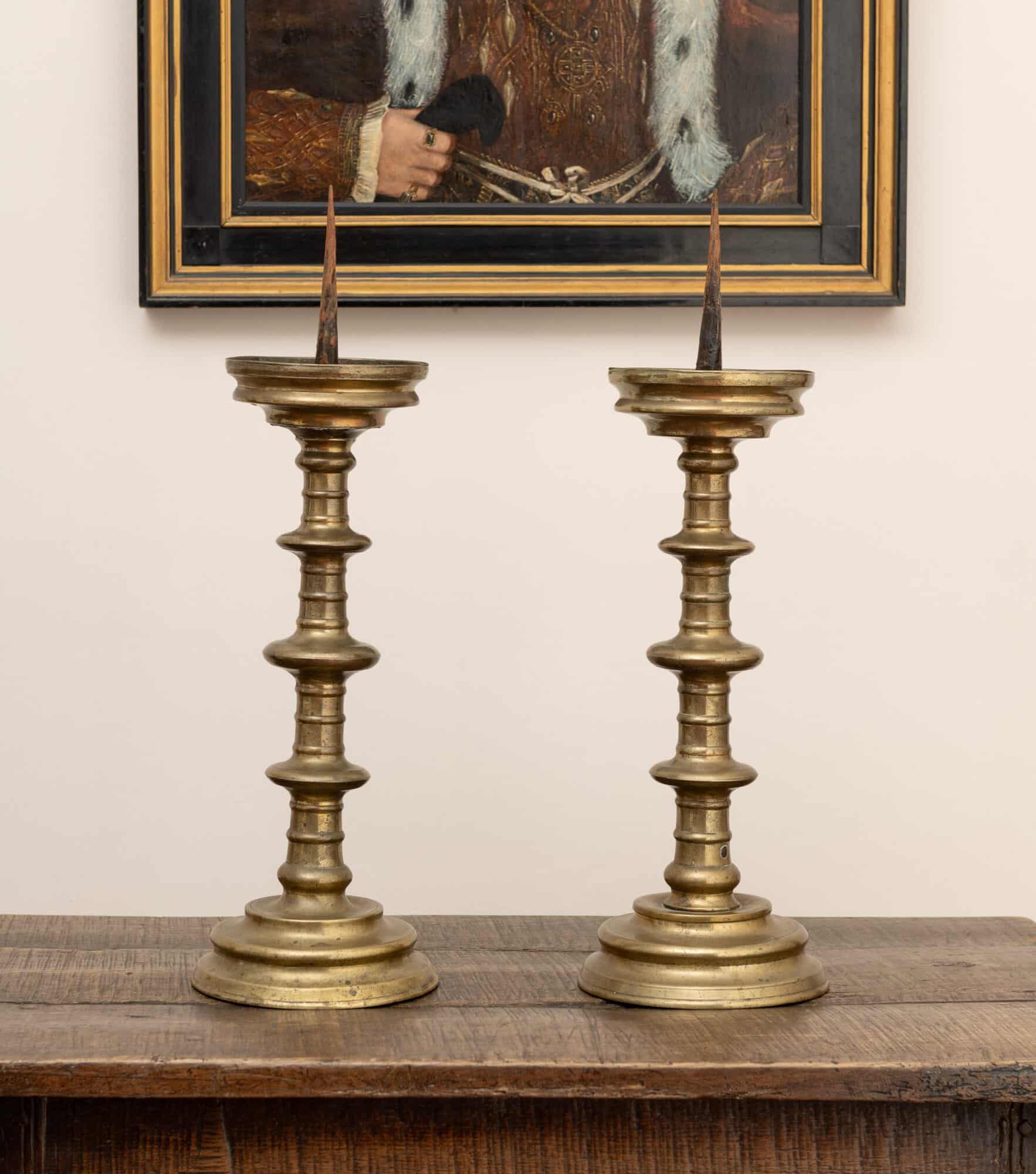 Large Pair of Renaissance Brass Pricket Candlesticks