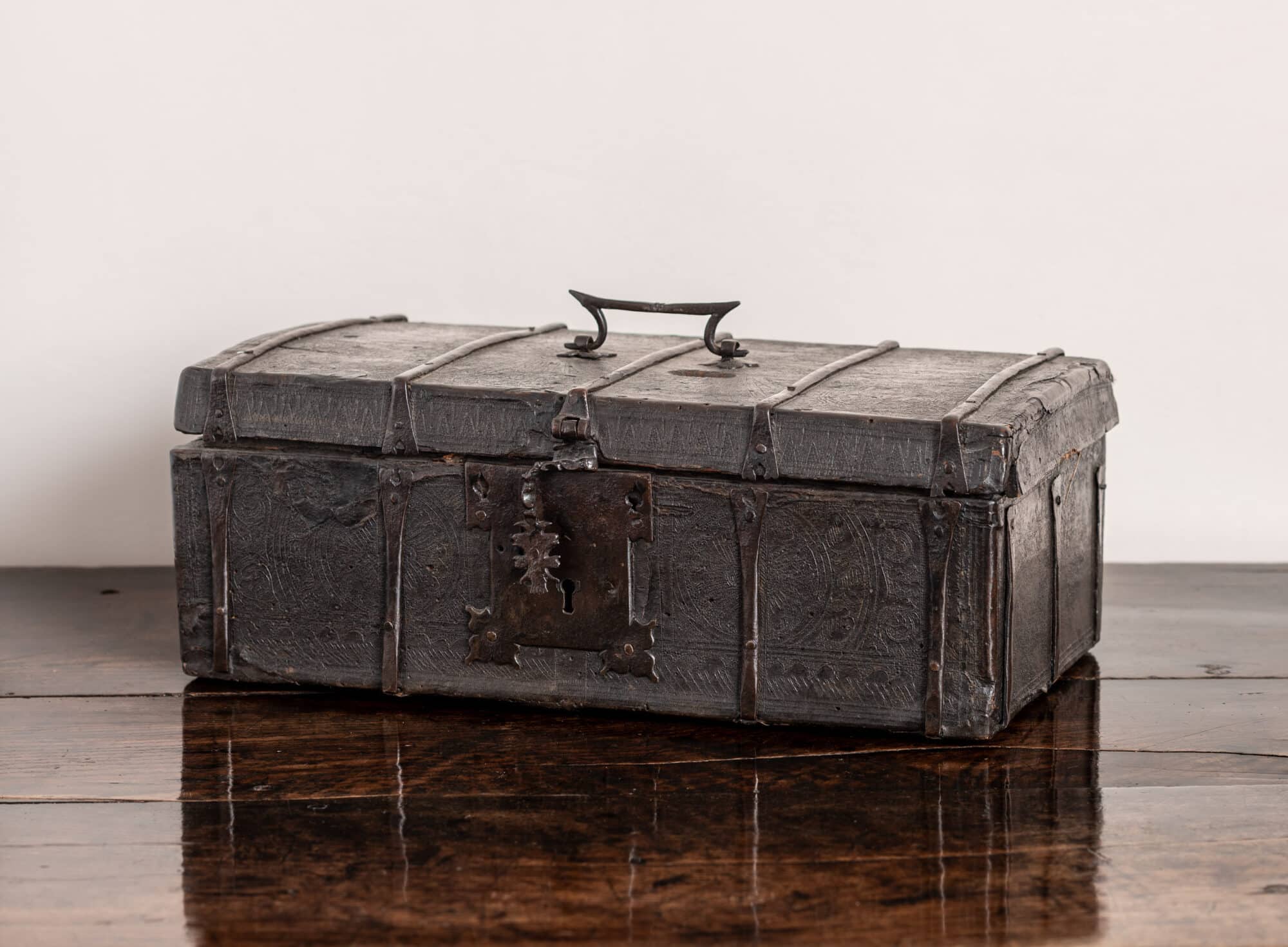 Late Gothic Flemish Leather and Iron-Bound Casket