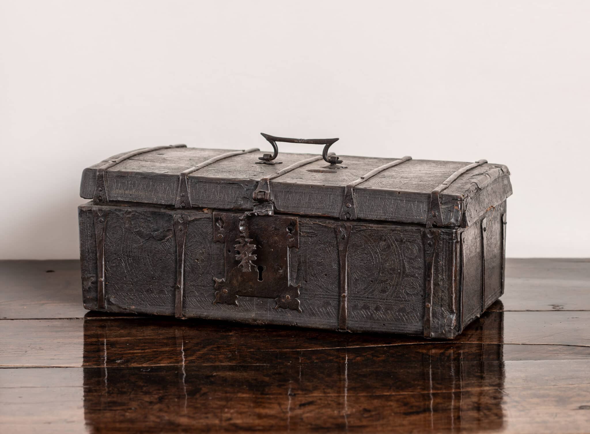 Late Gothic Flemish Leather and Iron-Bound Casket
