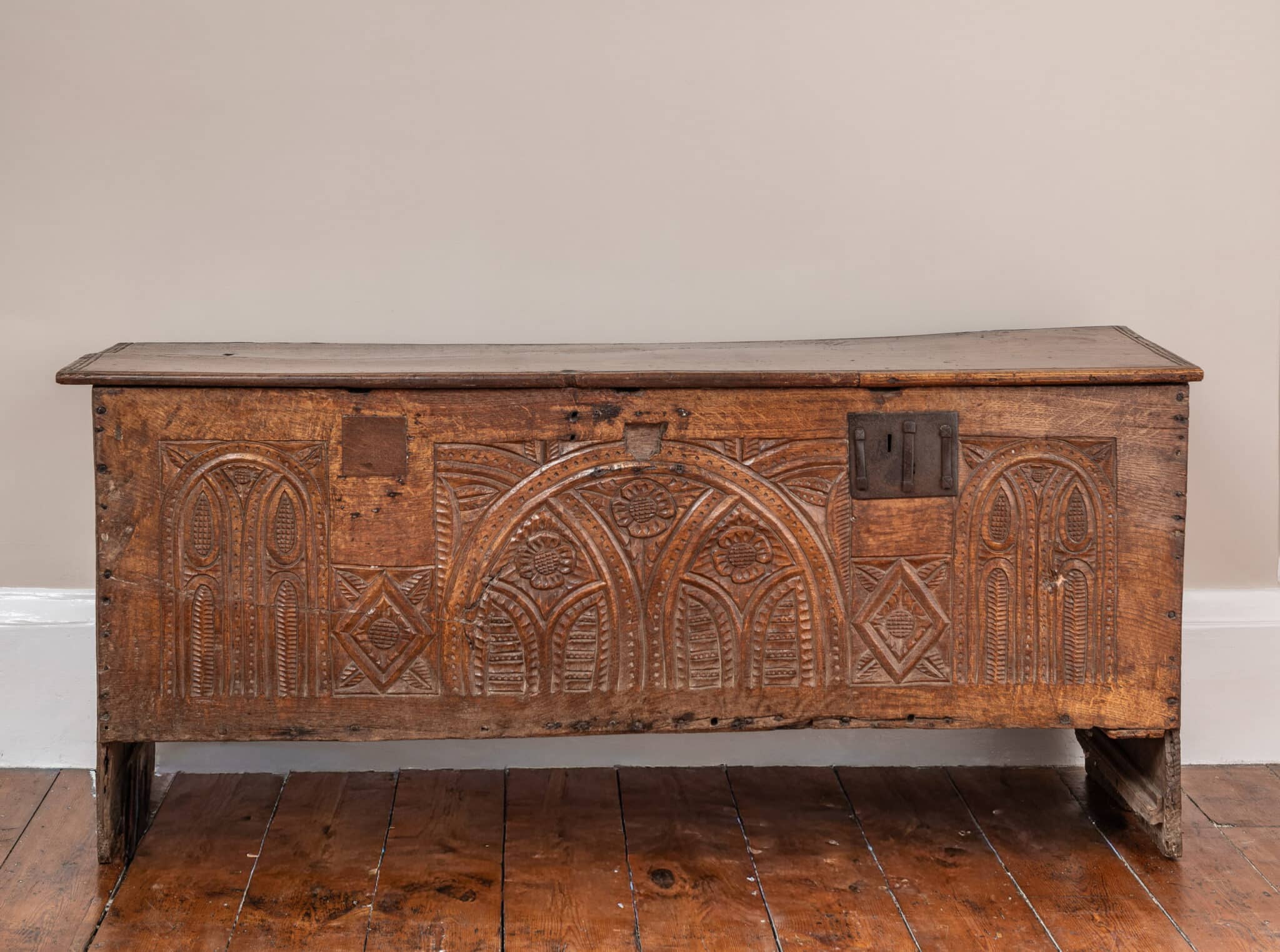 Henry VII Period Oak Carved Boarded Chest