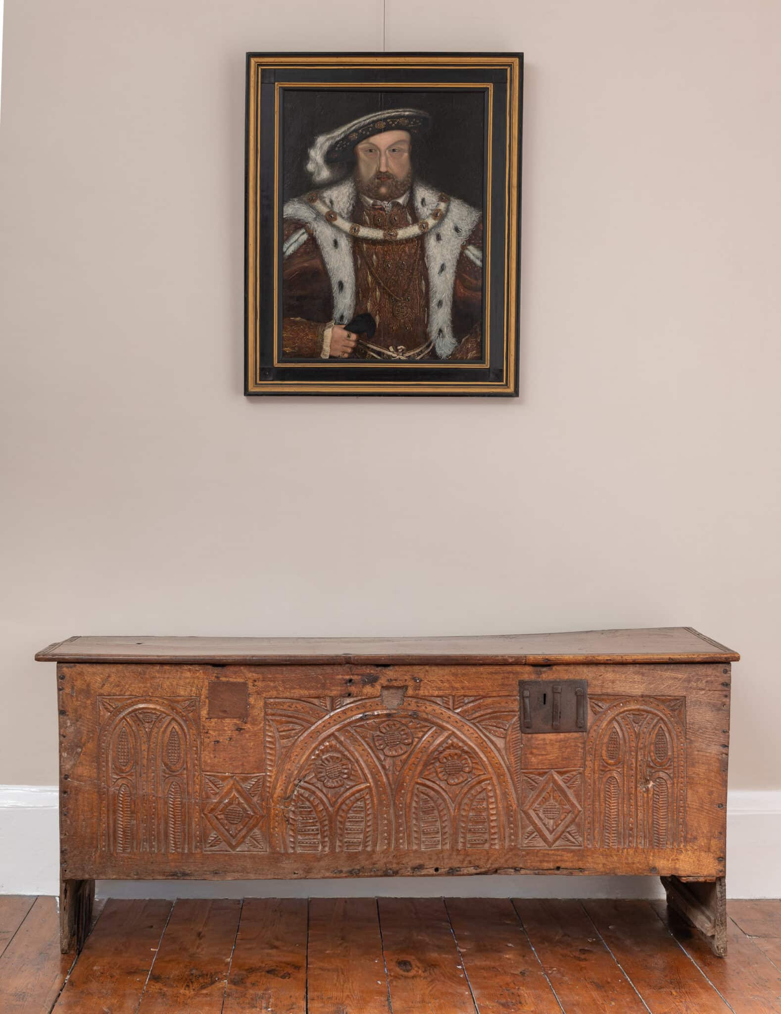 Henry VII Period Oak Carved Boarded Chest