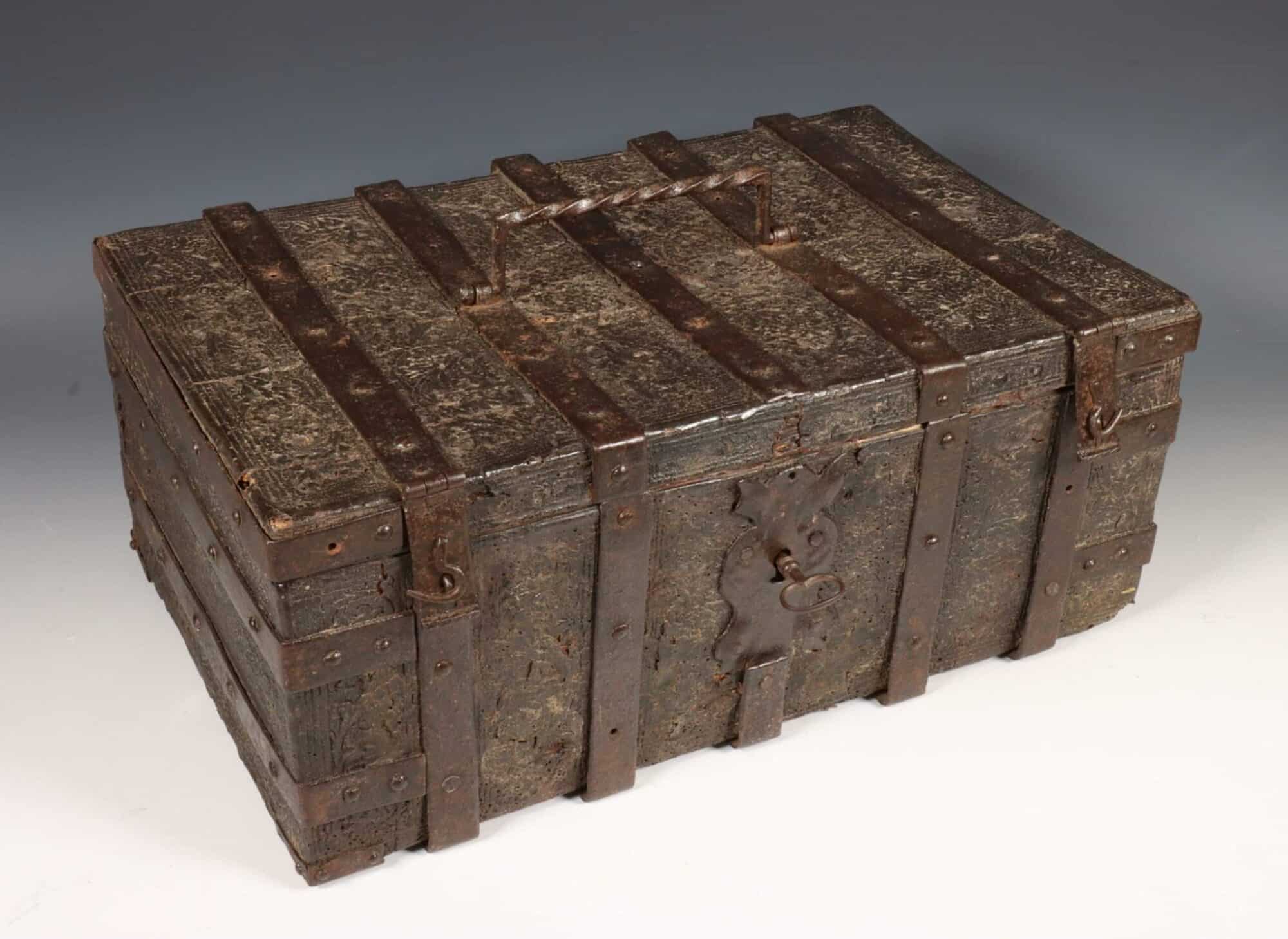 Late Gothic Iron-Bound and Leather-Covered Casket, Dated 1506