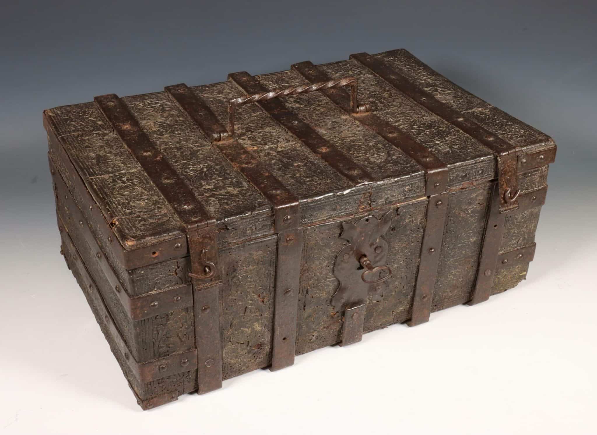 Late Gothic Iron-Bound and Leather-Covered Casket, Dated 1506