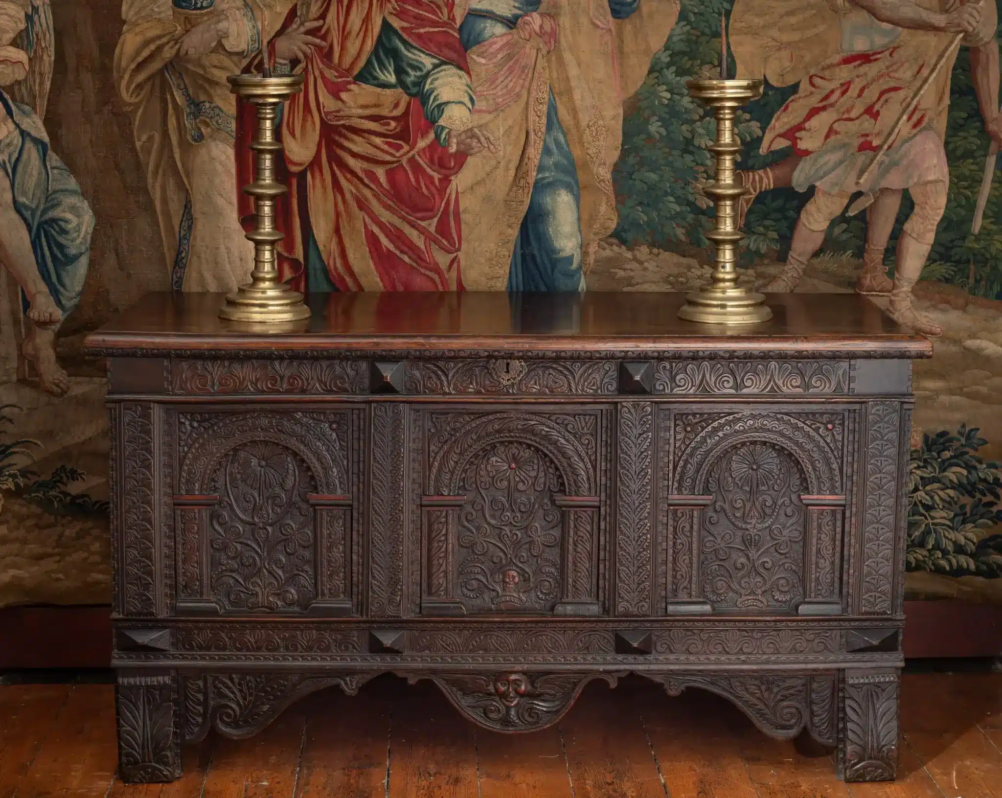 An Exceptionally Fine Elizabeth I Oak Joined Chest with Original Polychrome Decoration