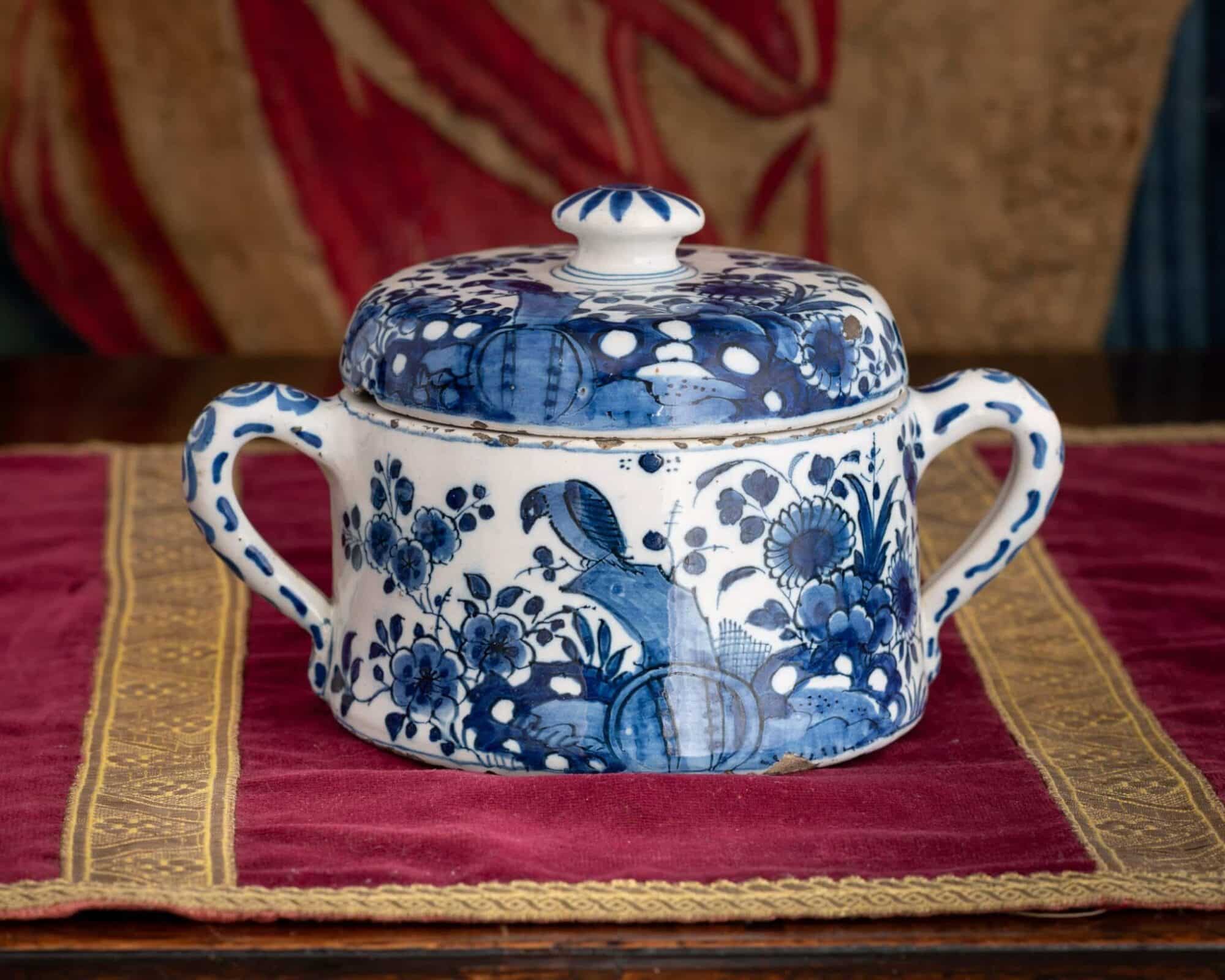 Delftware Blue and White Two-Handled Covered Pot (Possibly a Posset Pot or Sweetmeat Jar)