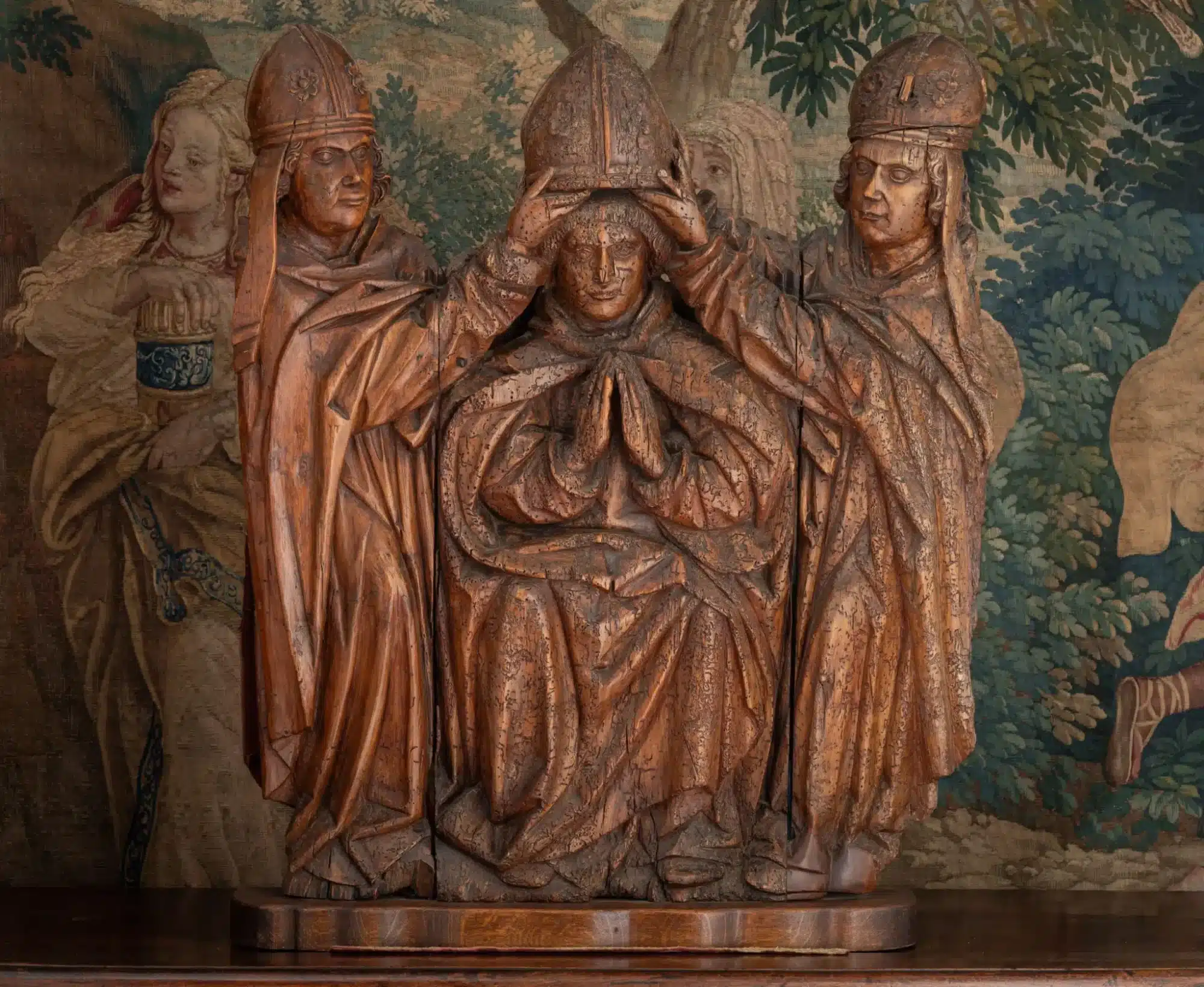 Monumental Late Gothic Oak Sculpture of the Consecration of a Bishop