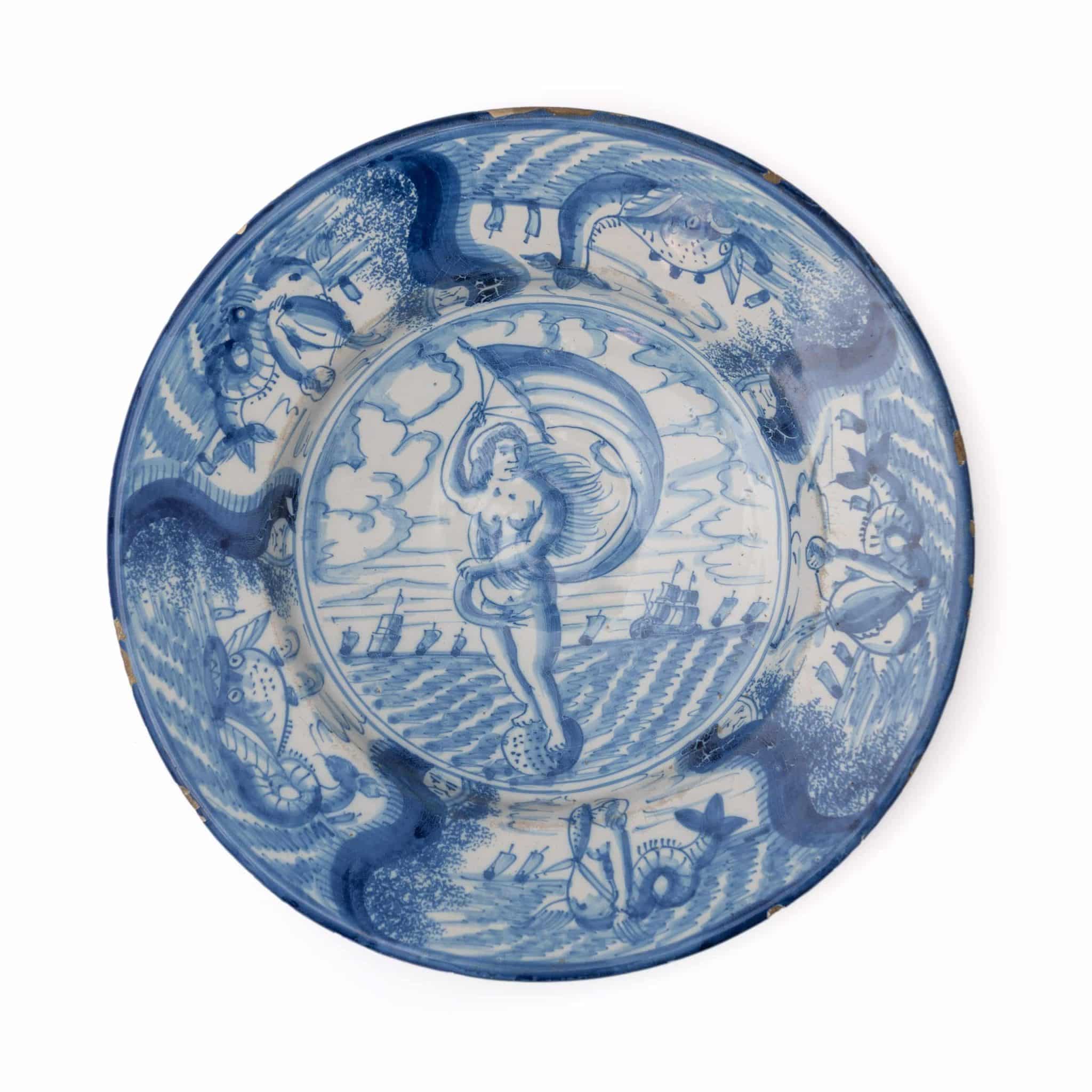 A Rare Delft Painter’s Assay Dish (Schildersproefschotel) with Fortuna and Sea-Monsters