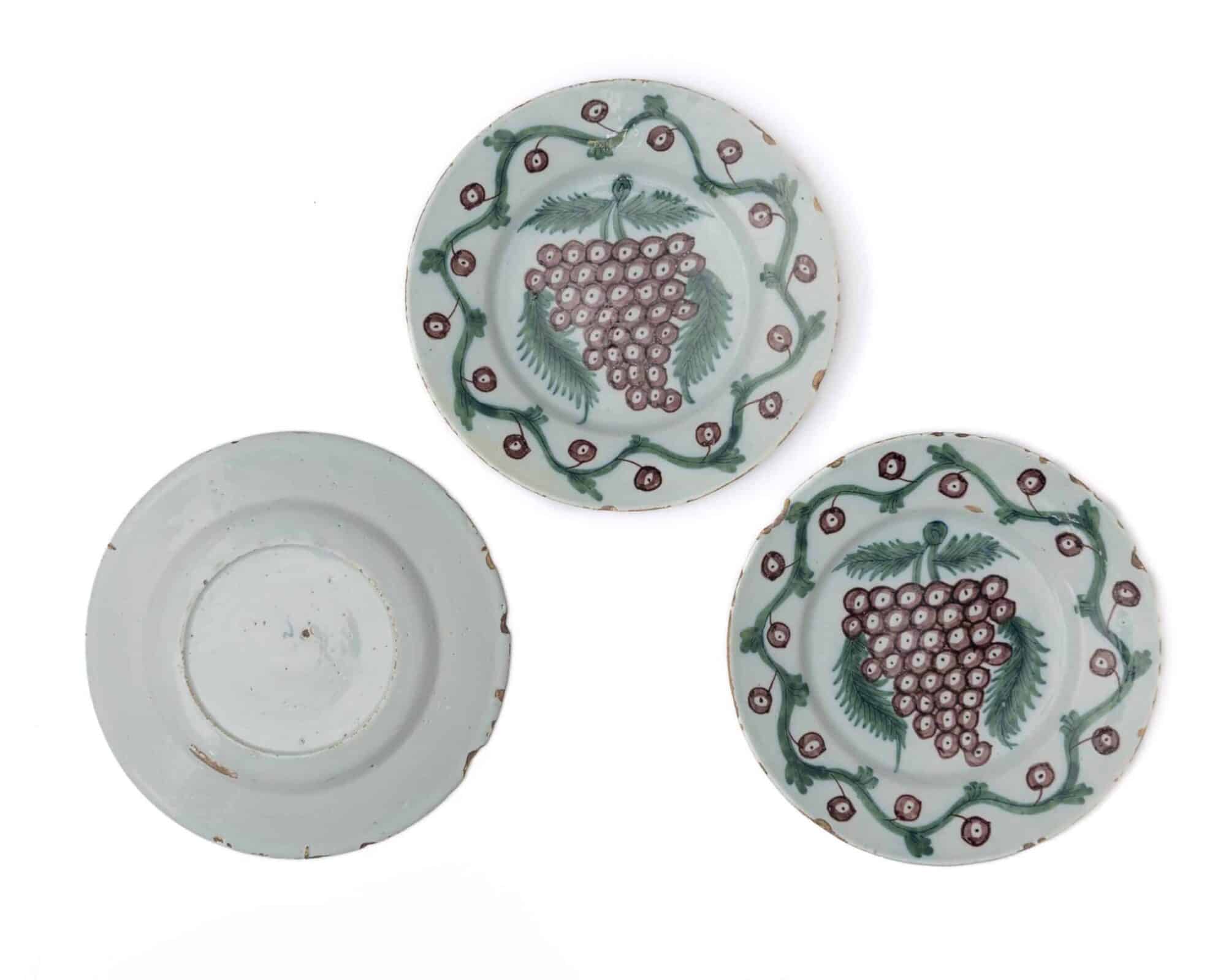 Set of Three Bristol Delftware Plates with Grape and Vine Decoration