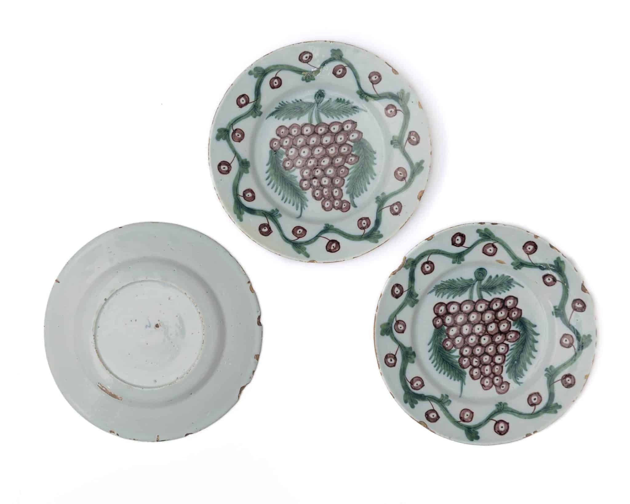 Set of Three Bristol Delftware Plates with Grape and Vine Decoration