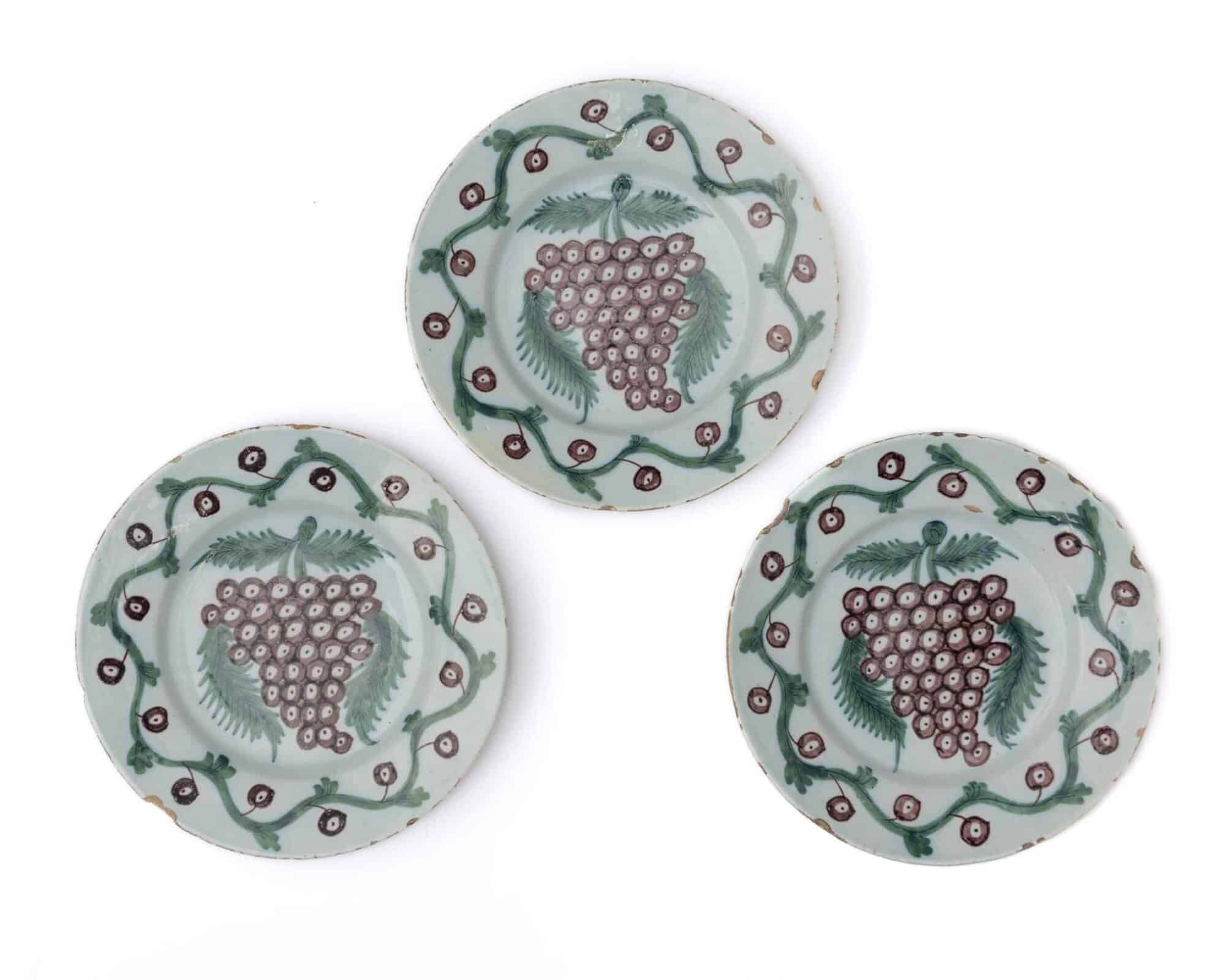 Set of Three Bristol Delftware Plates with Grape and Vine Decoration