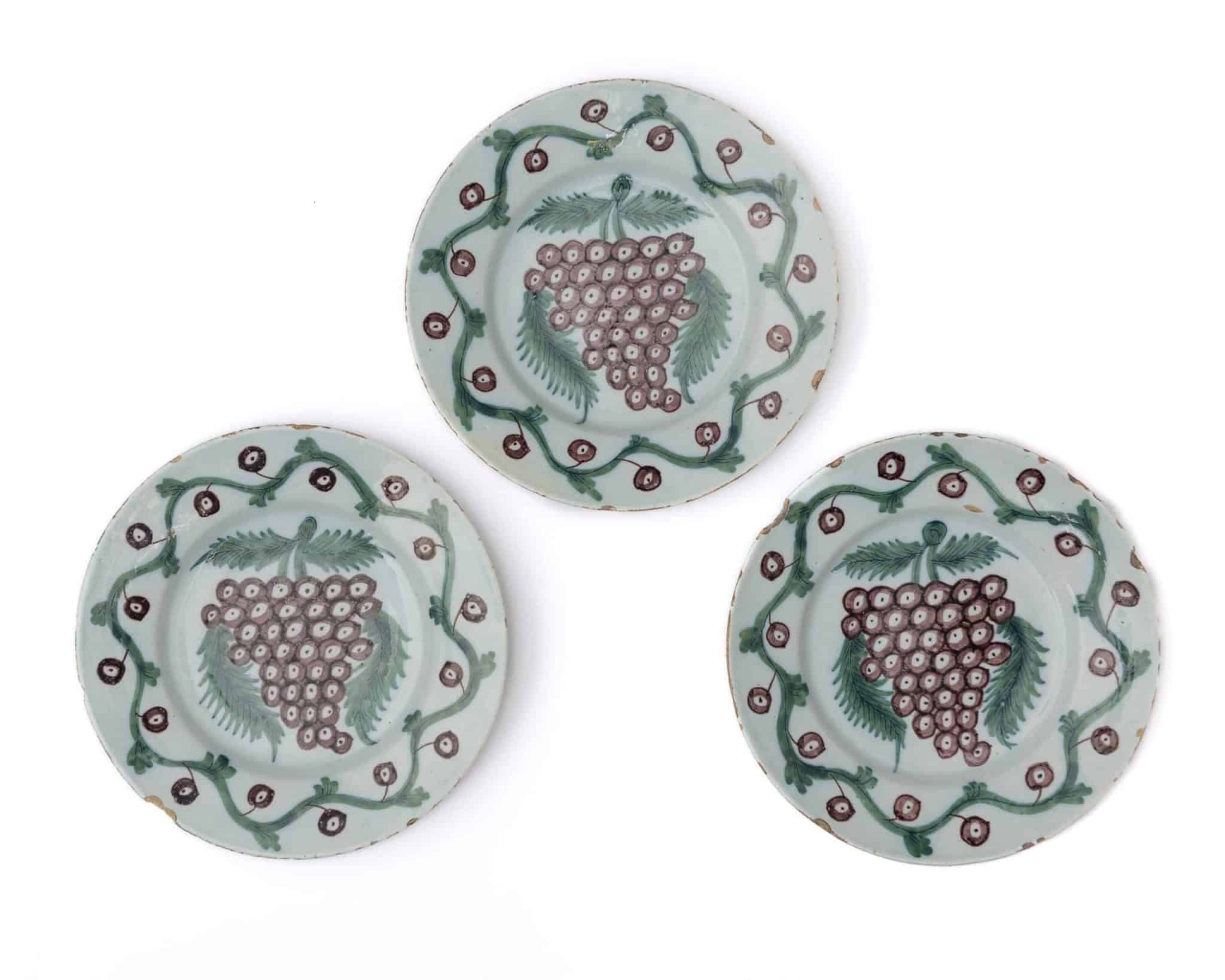 Set of Three Bristol Delftware Plates with Grape and Vine Decoration