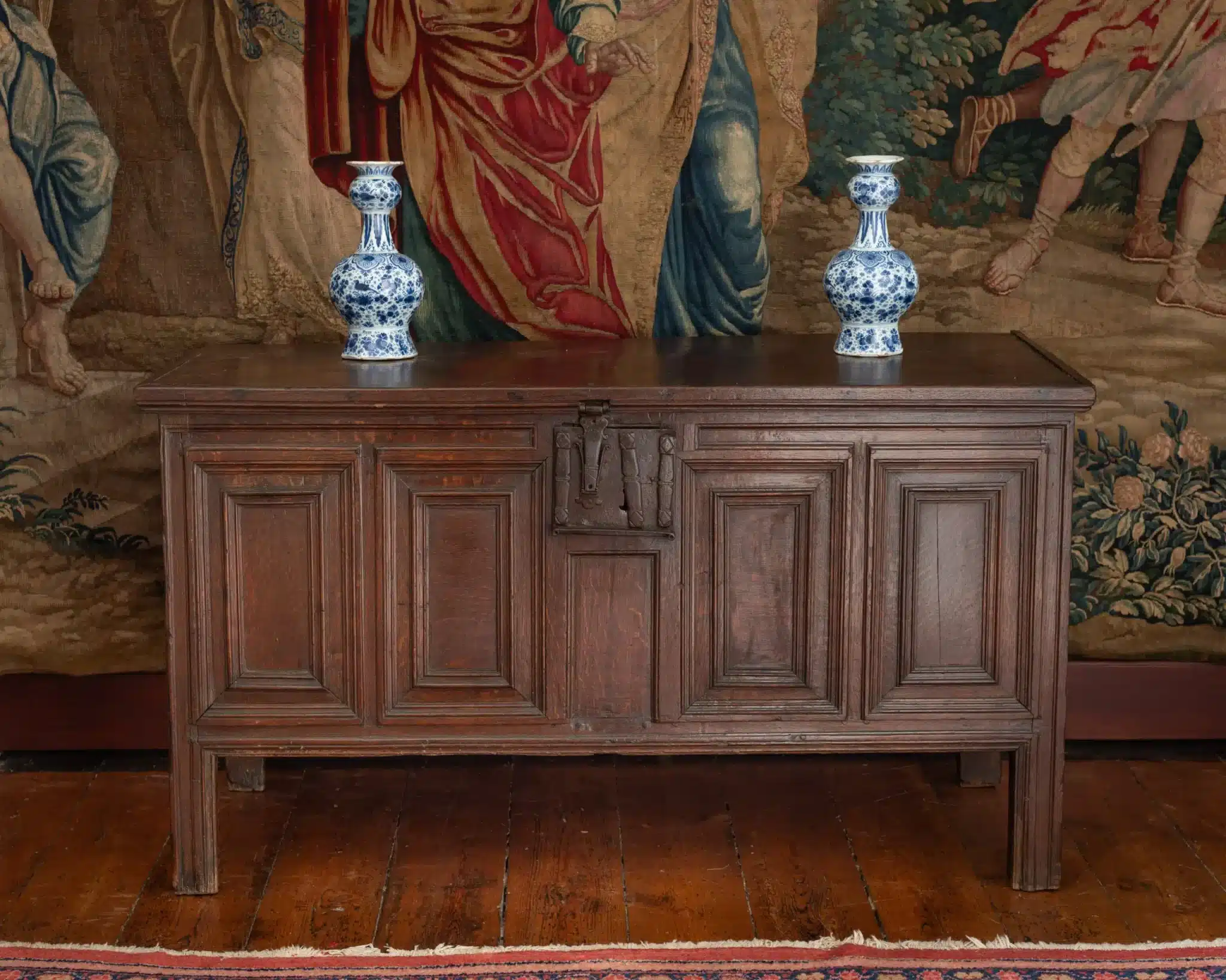 Mid-Tudor Joined Oak Chest with Panelled Front and Original Ironwork