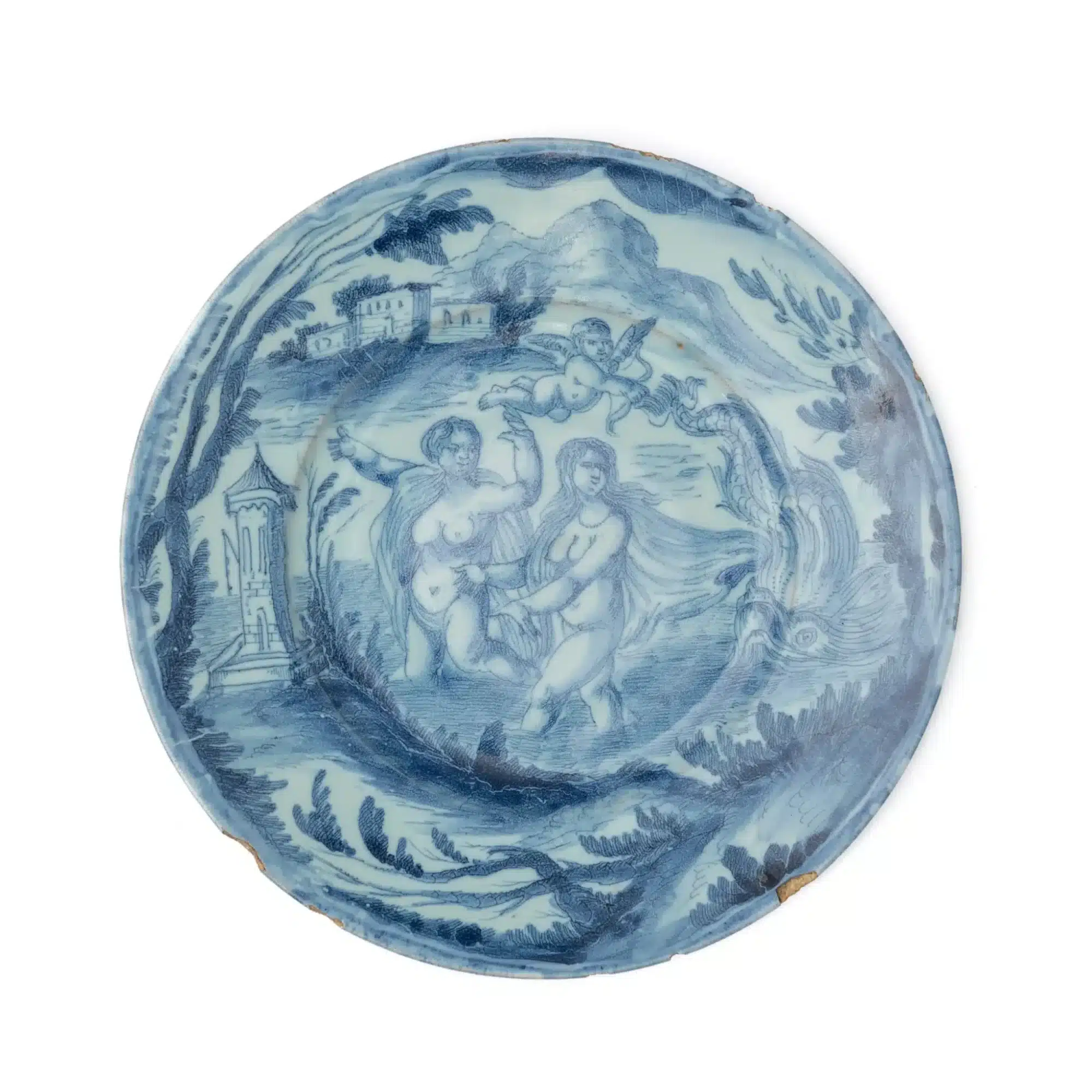 Dutch Delft Blue-and-White “Painter’s Plate” with a Mythological Marine Scene
