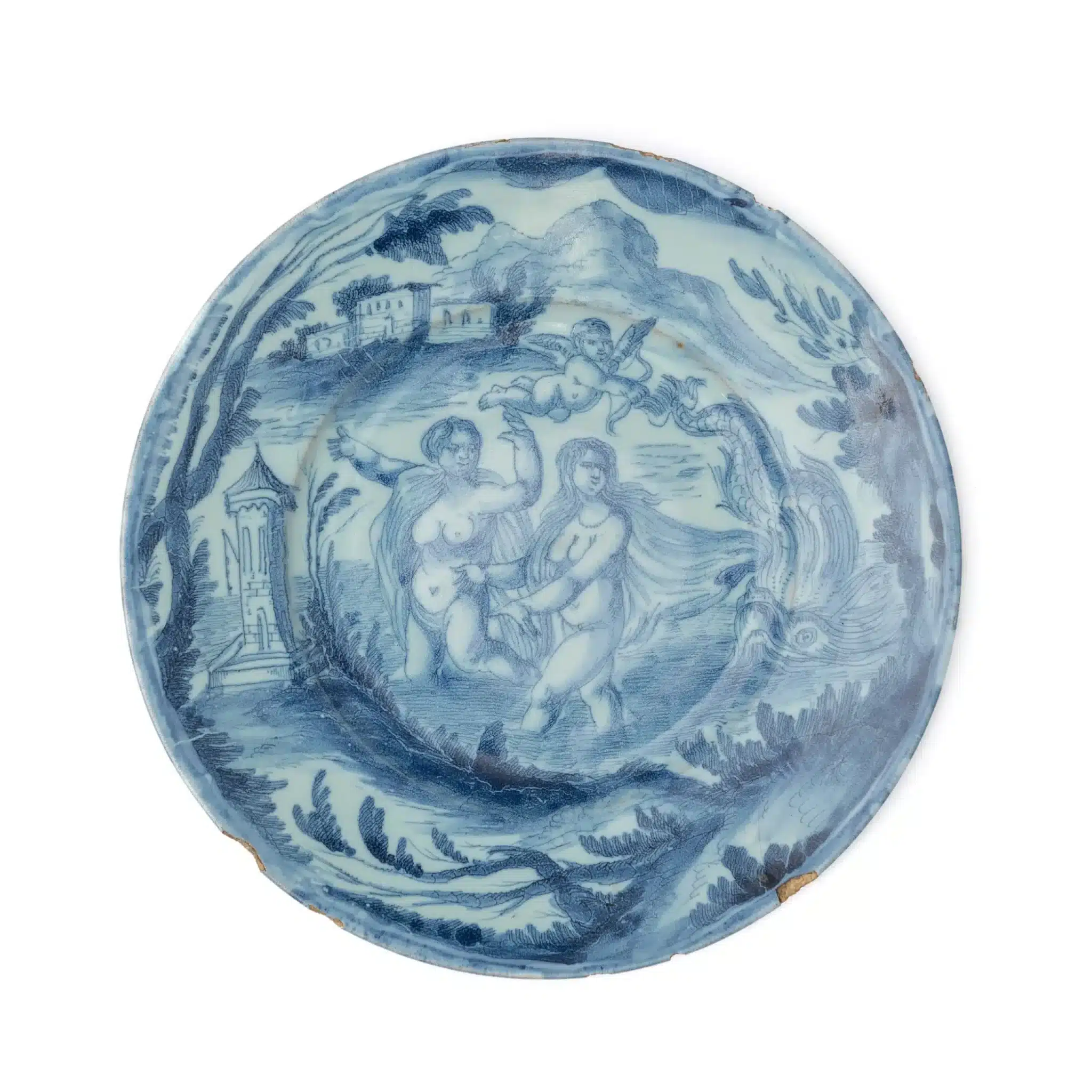 Dutch Delft Blue-and-White “Painter’s Plate” with a Mythological Marine Scene