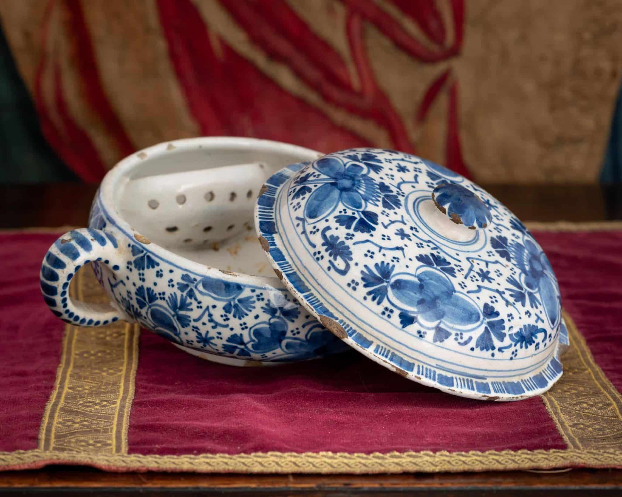 Dutch Delft Blue and White Posset or Caudle Bowl with Original Pierced Drainer and Cover