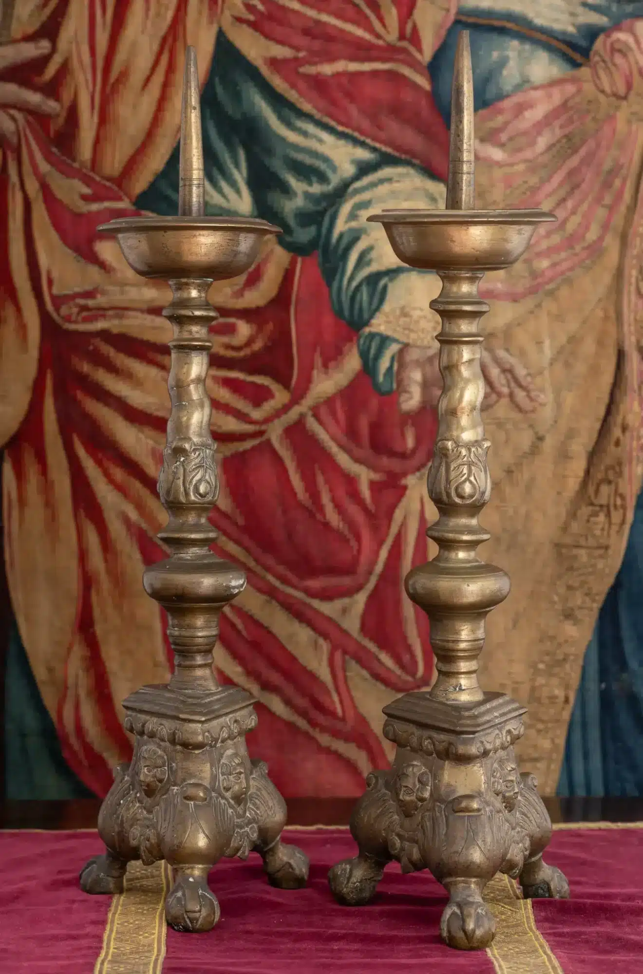 Pair of Large Italian Renaissance Brass Altar Pricket Candlesticks