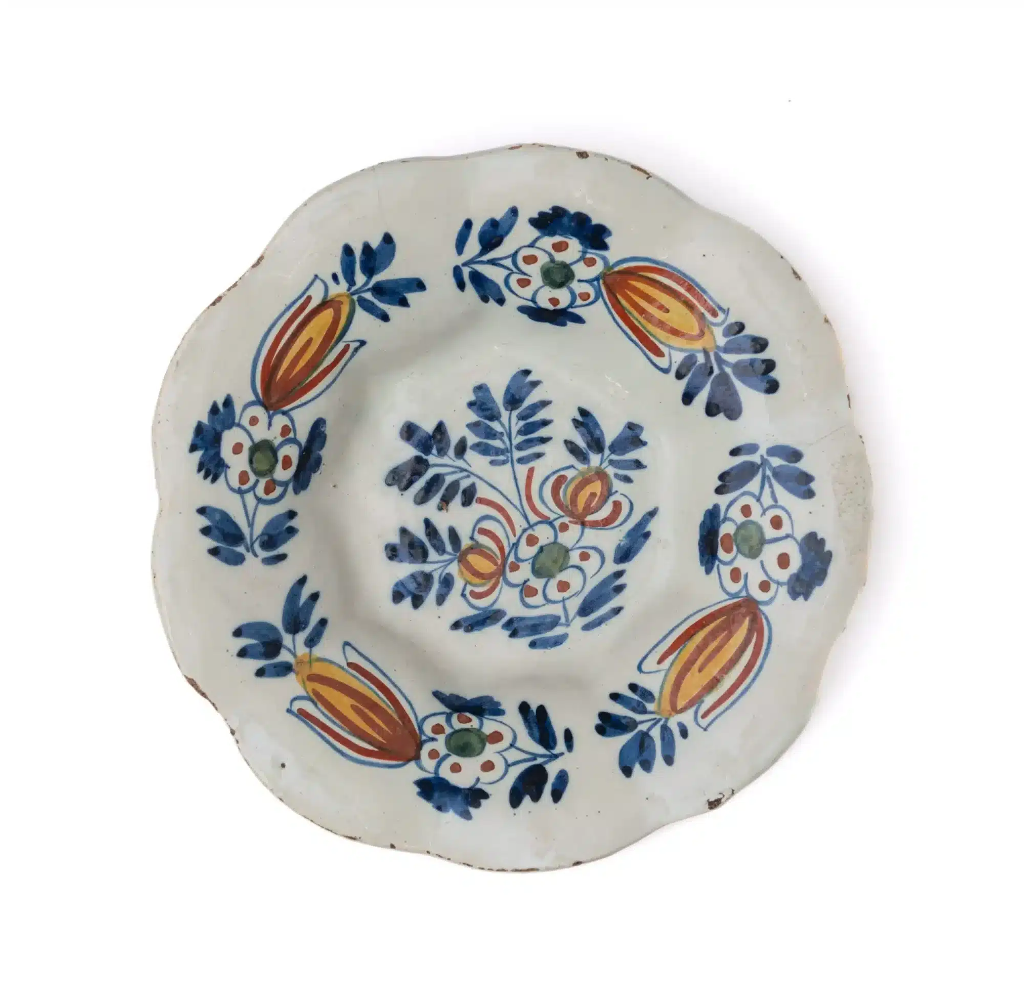 English Delftware Polychrome Plate with Tulip and Peony Decoration