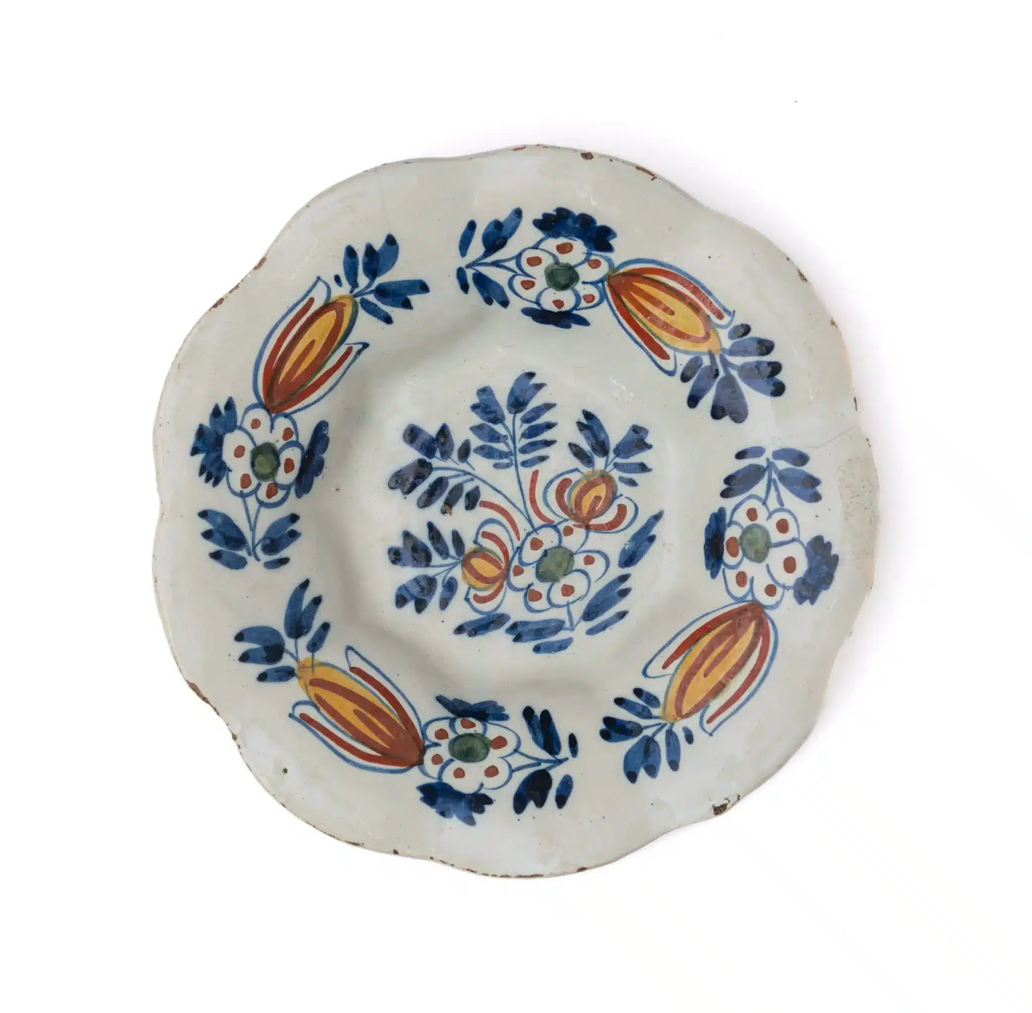 English Delftware Polychrome Plate with Tulip and Peony Decoration