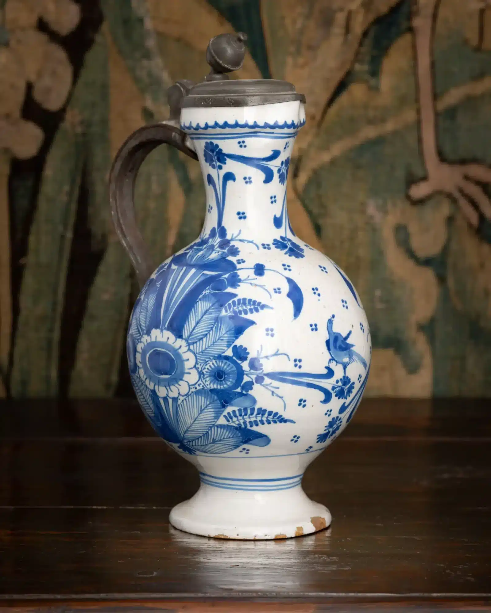 Dutch Delft Blue and White Pewter-Mounted Ewer