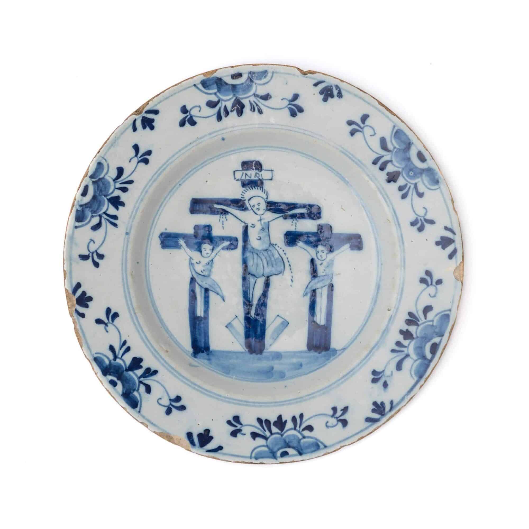 English Delftware Blue and White Plate Depicting the Crucifixion
