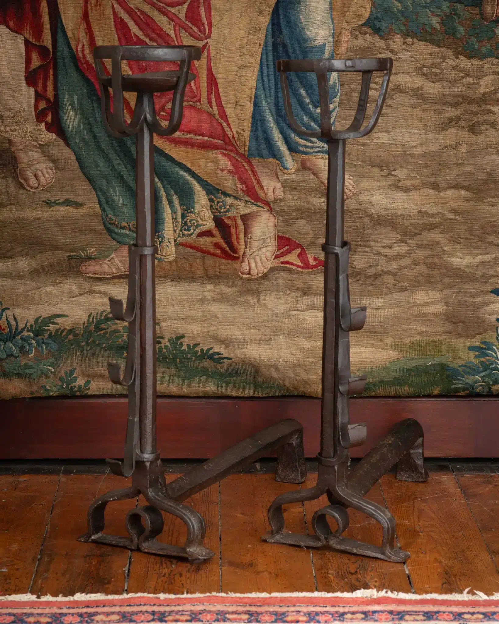 Pair of Tall Wrought-Iron Andirons (Chenet/Landier) with Spit Hooks